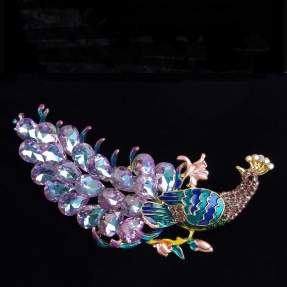Enameled Rhinestone Big Peacock Brooch - Picture 1 of 2